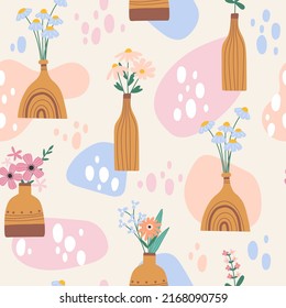 Trendy vases with flowers and abstract shapes seamless pattern on a gray background. Vector background and texture for printing on fabrics and paper. 