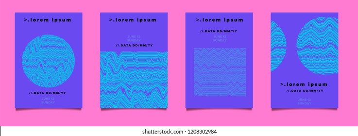 Trendy Vector A4 Poster Design Set with VHS glitch effect. Modern Minimal Backgrounds with Square, Circle for Brochure, Advertising, Placard, Invitation Card, Music Festival, Night Club.