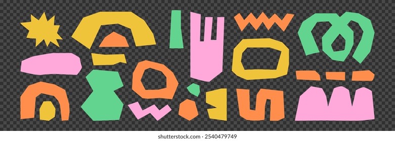 Trendy vector abstract cut out pieces. Paper cutouts. Hand drawn modern design for card, print on clothes. Creative collage on transparent background