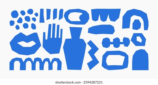 Trendy vector abstract cut out pieces. Paper cutouts. Hand drawn modern design for card, print on clothes. Creative collage with naive shapes on transparent background