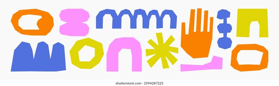 Trendy vector abstract cut out pieces. Paper cutouts. Hand drawn modern design for card, print on clothes. Creative collage with naive shapes on transparent background