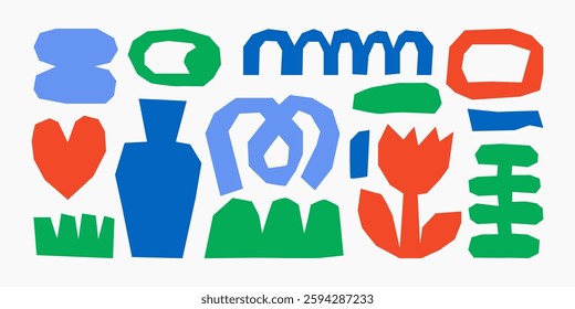 Trendy vector abstract cut out pieces. Paper cutouts. Hand drawn modern design for card, print on clothes. Creative collage with naive shapes on transparent background
