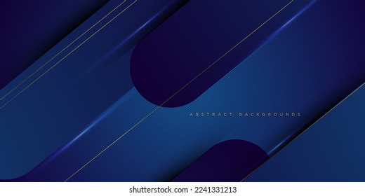 Trendy Vector Abstract, futuristic, energy technology concept. Digital image geometric shapes, gold stripes lines with blue light, speed and motion dark blue background. Eps10