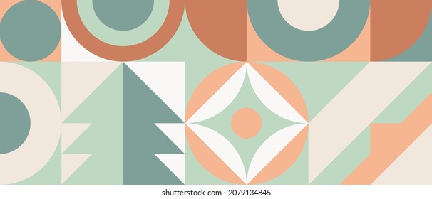 Trendy vector abstract geometric background with circles in retro scandinavian style, cover pattern seamless. Graphic pattern of simple shapes in earthy colors, abstract mosaic.