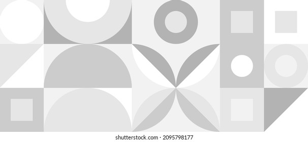 Trendy vector abstract geometric background with circles in Scandinavian retro style, seamless cover. Graphic pattern of simple shapes in gray tones, abstract white mosaic.