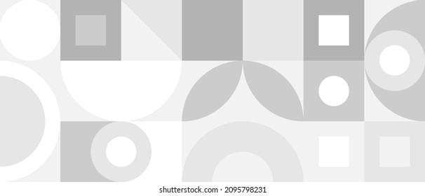 Trendy vector abstract geometric background with circles in Scandinavian retro style, seamless cover. Graphic pattern of simple shapes in gray tones, abstract white mosaic.
