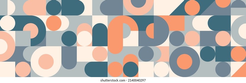 Trendy vector abstract geometric background with circles in retro scandinavian style, cover pattern seamless. Graphic pattern of simple shapes in pastel colors, abstract mosaic.