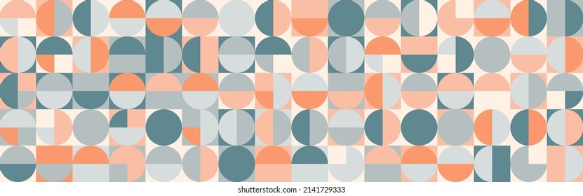 Trendy vector abstract geometric background with circles in retro scandinavian style, cover pattern seamless. Graphic pattern of simple shapes in pastel colors, abstract mosaic.