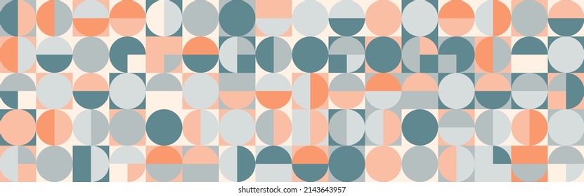 Trendy Vektorgrafik abstrakter geometrischer Hintergrund mit Kreisen im Retro-Skandinavien-Stil, Deckmuster nahtlos. Grafisches Muster einfacher Formen in Pastellfarben, abstraktes Mosaik.