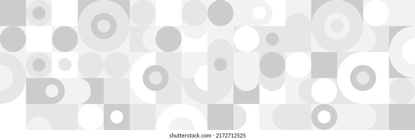 Trendy vector abstract geometric background with circles in Scandinavian retro style, seamless cover. Graphic pattern of simple shapes in gray tones, abstract white mosaic.