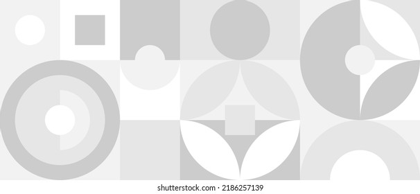 Trendy vector abstract geometric background with circles in Scandinavian retro style, seamless cover. Graphic pattern of simple shapes in gray tones, abstract white mosaic.