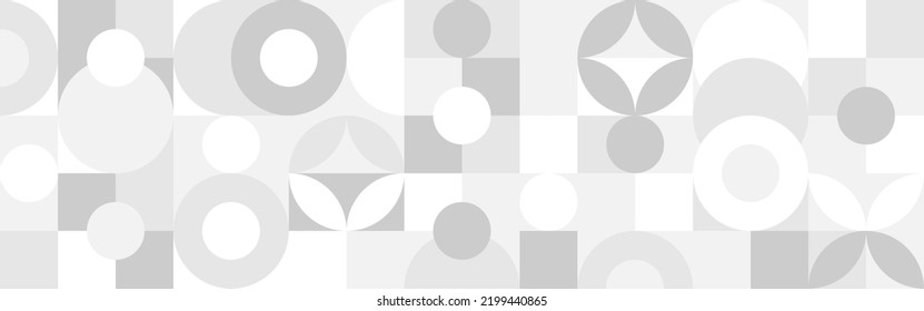 Trendy vector abstract geometric background with circles in Scandinavian retro style, seamless cover. Graphic pattern of simple shapes in gray tones, abstract white mosaic.