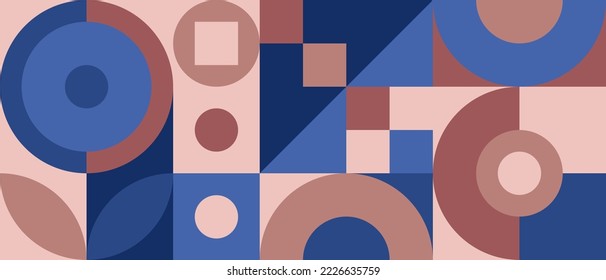 Trendy vector abstract geometric background with circles in retro scandinavian style, seamless cover pattern. Graphic pattern of simple shapes in pastel colors, abstract mosaic in blue and pink colors