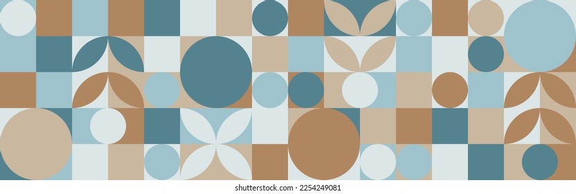 Trendy vector abstract geometric background with circles in scandinavian style, seamless pattern covering brown and blue shades of sea wave. Graphic mosaic pattern of simple shapes in pastel colors.