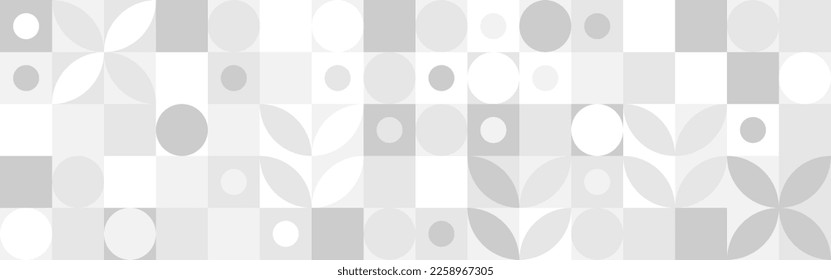 Trendy vector abstract geometric background with circles in Scandinavian retro style, seamless cover. Graphic pattern of simple shapes in gray tones, abstract white mosaic.