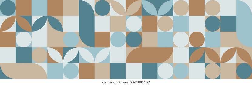 Trendy vector abstract geometric background with circles in scandinavian style, seamless pattern covering brown and blue shades of sea wave. Graphic mosaic pattern of simple shapes in pastel colors.