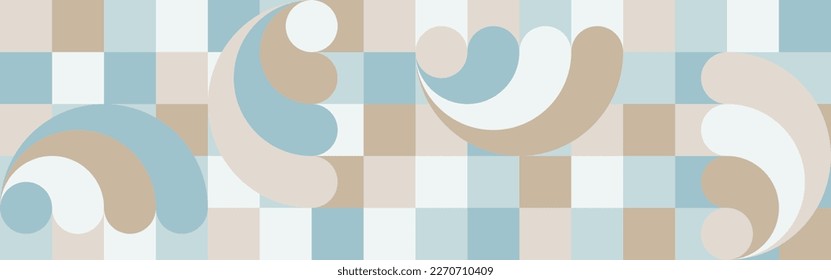 Trendy vector abstract geometric background with circles in scandinavian style, seamless pattern covering brown and blue shades of sea wave. Graphic mosaic pattern of simple shapes in pastel colors.
