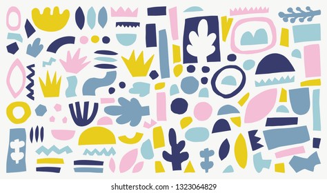 Piezas abstractas vectoriales de moda. Recortes de papel de colores pastel. Diseño moderno dibujado a mano para tarjeta, impreso en ropa.