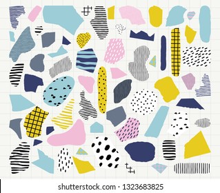 Trendy vector abstract pieces. Paper cutouts of pastel colors. Hand drawn modern design for card, print on clothes.