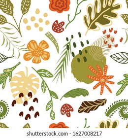 Trendy vector  abstract seamless floral pattern. Fabric design with  big colorful shapes, tropic leaves, textures and  simple elements. Сute repeated pattern for wallpaper, fabric or wrap paper.