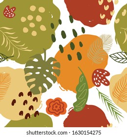 Trendy vector  abstract seamless floral pattern. Fabric design with  big colorful shapes, tropic leaves, textures and  simple elements. Vector cute repeated pattern for wallpaper, fabric or wrap paper