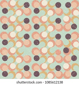 Trendy vector abstract seamless geometric pattern with circles in retro scandinavian style.Pastel pink, navy blue, beige and yellow shapes with worn out texture