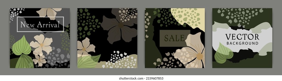 Trendy vector abstract square set templates with floral elements and plants. Suitable for publications in social networks and mobile applications, floral backgrounds spring and summer, discounts