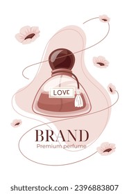 Trendy vector advertising banner template. Elegant red cartoon women perfume bottle, packaging or flyer design.