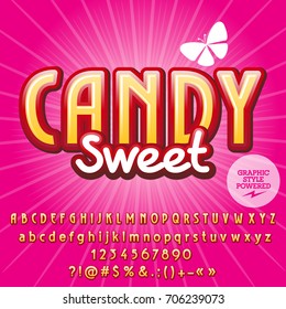 Trendy vector alphabet set. Font with text Candy Sweet. Contains graphic style.