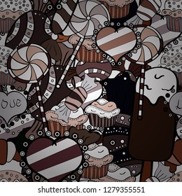 Trendy vector background. On black, white and brown colors. Colorful seamless pattern with candy abstract geometric style.