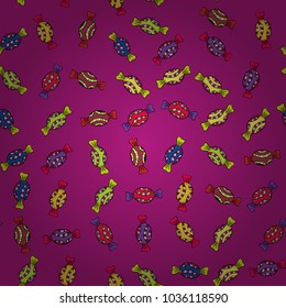 Trendy vector background. On purple, black and yellow colors. Colorful seamless pattern with candy abstract geometric style.