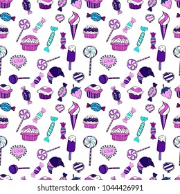 Trendy vector background. On white, violet and black colors. Colorful seamless pattern with candy abstract geometric style.