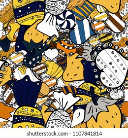 Trendy vector background. On white, black and yellow colors. Colorful seamless pattern with candy abstract geometric style.