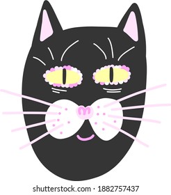 Trendy vector black cat. Hand drawn magic kitty flat style. Doodle scandinavian design of unusual cat face. Mysterious cat for stiker, print, clip art, web. Magical east pussy concept. Asian kitten.