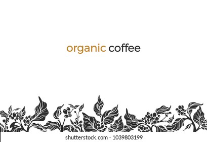 Trendy vector border with elegant coffee branch, leaf, bean, flower. Nature template on white background Floral shape silhouette design Simple frame, frieze, border Hand drawn illustration Copy space 