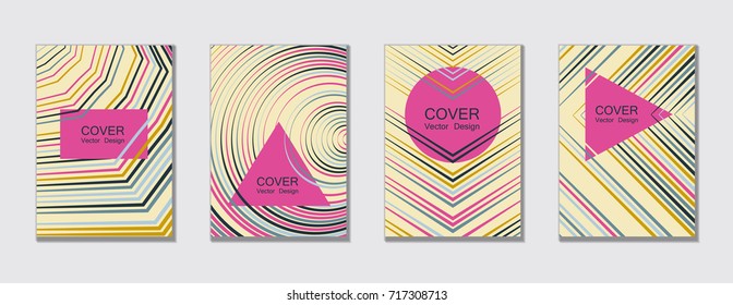 Trendy vector brochure templates set, minimal line geometric backgrounds, educational covers. Geometric shape, halftone lines pattern. Trendy cover templates for magazine, booklet, brochure. 