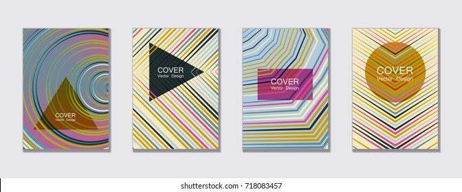 Trendy vector brochure templates set, minimal line geometric backgrounds, educational covers. Geometric shape, halftone lines pattern. Trendy cover templates for magazine, booklet, brochure. 