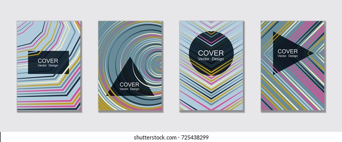 Trendy vector brochure templates set, minimal line geometric backgrounds, educational covers. Geometric shape, halftone lines pattern. Trendy cover templates for magazine, booklet, brochure. 