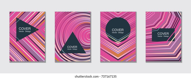 Trendy vector brochure templates set, minimal line geometric backgrounds, educational covers. Geometric shape, halftone lines pattern. Trendy cover templates for magazine, booklet, brochure. 