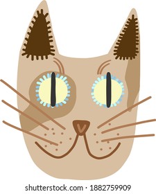 Trendy vector brown cat. Hand drawn magic kitty flat style. Doodle scandinavian design of unusual cat face. Mysterious cat for stiker, print, clip art, web. Magical east pussy concept. Asian kitten.