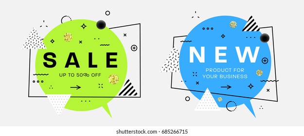 Trendy Vektorbläschen mit geometrischen Mustern und Symbolen. Flaches, feines Design für den Verkauf von Bannern, Plakaten und Plakaten. Vintage-Konzept für Retro-Visitenkarten.