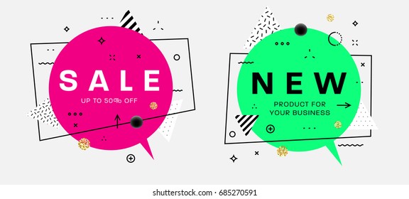 Trendy vector bubbles with geometric patterns and icons. Flat thin line style for sale banners, posters and placards designs. Vintage concept for retro business cards.