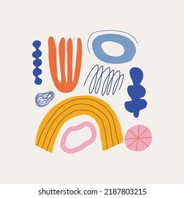 Trendy vector card of abstract pieces. 
Hand drawn modern forms for card, print on clothes. Creative collage.