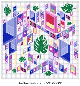 Trendy vector cards illustration with isometric elements and leaves. Design for poster, card, invitation, brochure, and publication template. Art print and wallpaper background.
