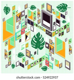 Trendy vector cards illustration with isometric elements and leaves. Design for poster, card, invitation, brochure, and publication template. Art print and wallpaper background.