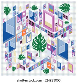 Trendy vector cards illustration with isometric elements and leaves. Design for poster, card, invitation, brochure, and publication template. Art print and wallpaper background.