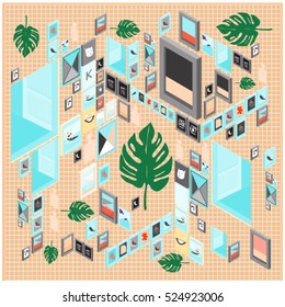 Trendy vector cards illustration with isometric elements and leaves. Design for poster, card, invitation, brochure, and publication template. Art print and wallpaper background.