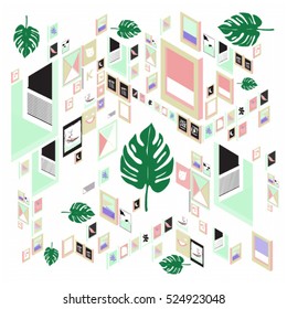 Trendy vector cards illustration with isometric elements and leaves. Design for poster, card, invitation, brochure, and publication template. Art print and wallpaper background.