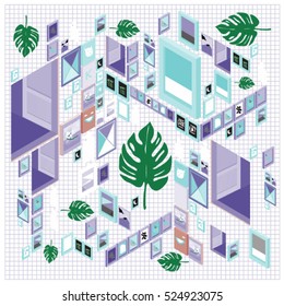Trendy vector cards illustration with isometric elements and leaves. Design for poster, card, invitation, brochure, and publication template. Art print and wallpaper background.