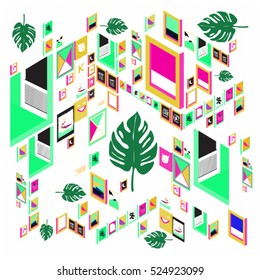 Trendy vector cards illustration with isometric elements and leaves. Design for poster, card, invitation, brochure, and publication template. Art print and wallpaper background.